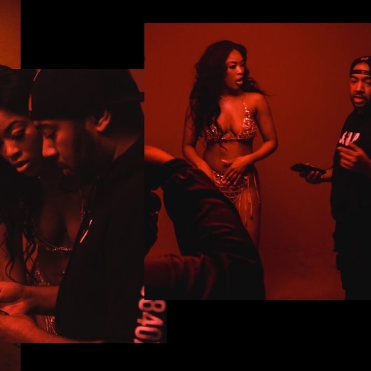Behind the scenes under red studio lighting